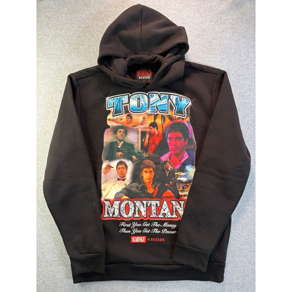 Scarface x Reason Tony Montana Black Graphic Hoodie Sweatshirt Mens Large SF-117